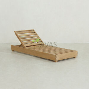 Leshawn Sunbed raw sanded teak chaise lounger with slatted frame and adjustable backrest, outdoor teak furniture from Indonesia manufacturer for resort use