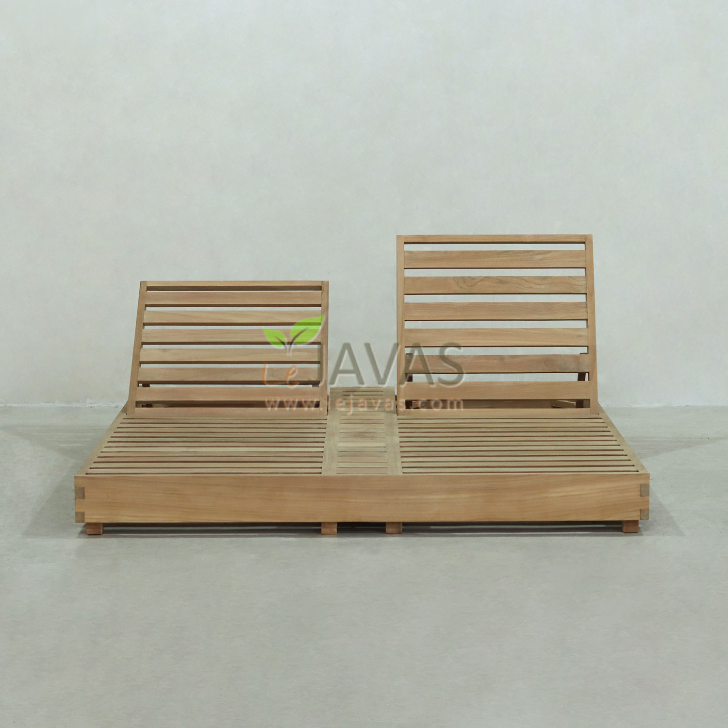 Double Sunbed teak outdoor daybed with twin adjustable backrests, raw sanded teak garden furniture from Indonesia furniture manufacturer exporter