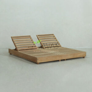 Double Sunbed teak outdoor daybed with twin adjustable backrests, raw sanded teak garden furniture from Indonesia furniture manufacturer exporter