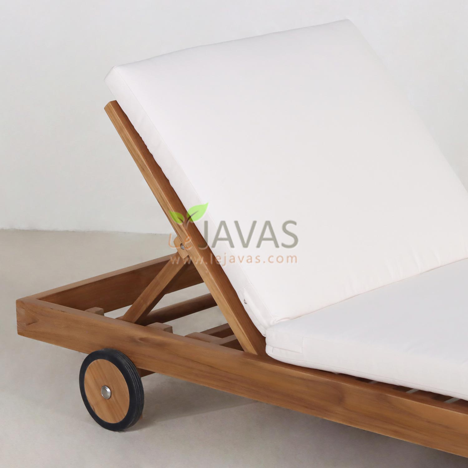 Elora Lounger teak sun lounger with reclining backrest and wheels, outdoor pool lounger handcrafted in Jepara Indonesia for hotel and resort projects