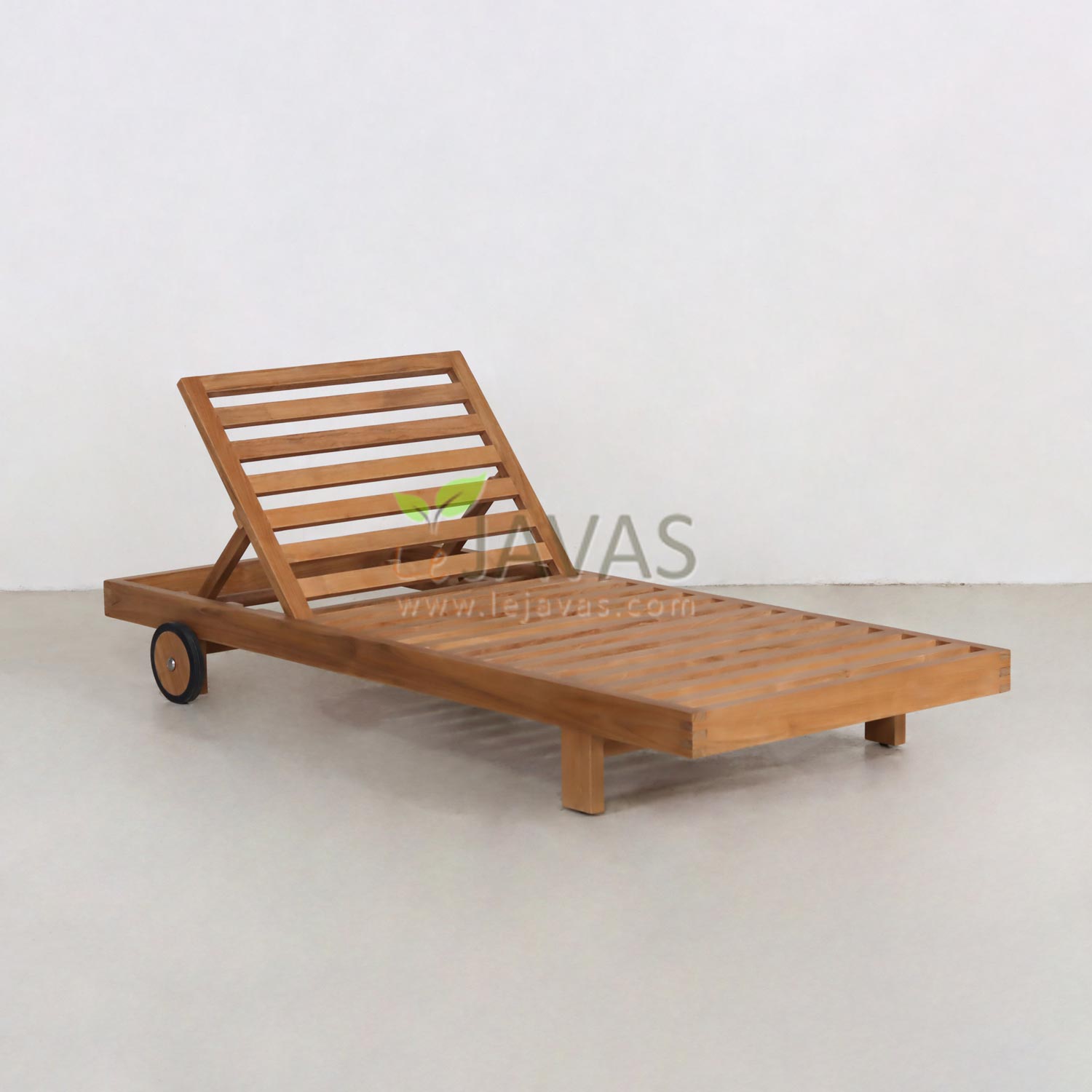 Elora Lounger teak sun lounger with reclining backrest and wheels, outdoor pool lounger handcrafted in Jepara Indonesia for hotel and resort projects